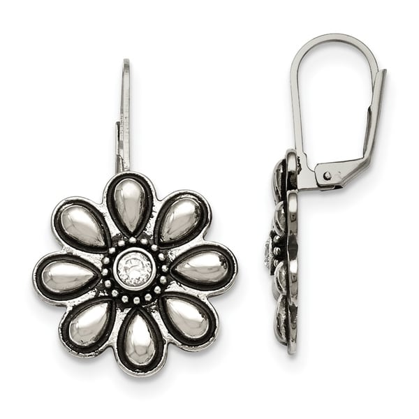 Chisel Stainless Steel Polished Antiqued Cz Flower Leverback Chisel Stainless Steel Polished Antiqued Cz Flower Leverback Earrings