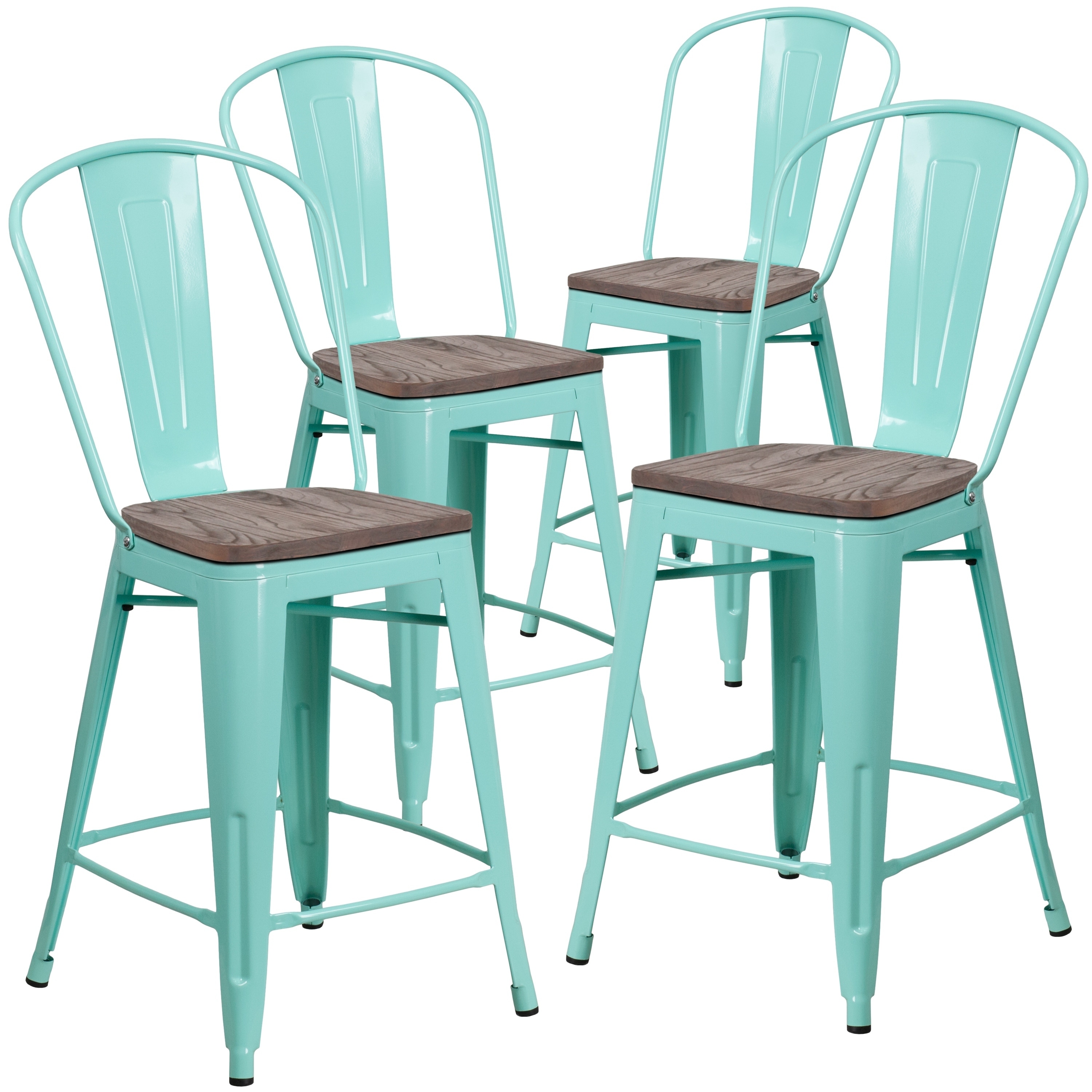 4PK 24" High Metal Counter Height Stool with Back and Wood ...