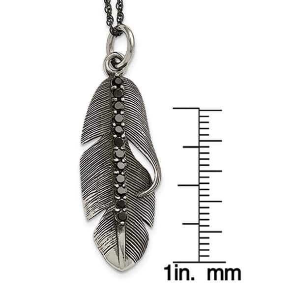 Stainless Steel Polished/Antiqued Feather w/Black CZ Necklace Stainless Steel Polished/Antiqued Feather w/Black CZ Necklace