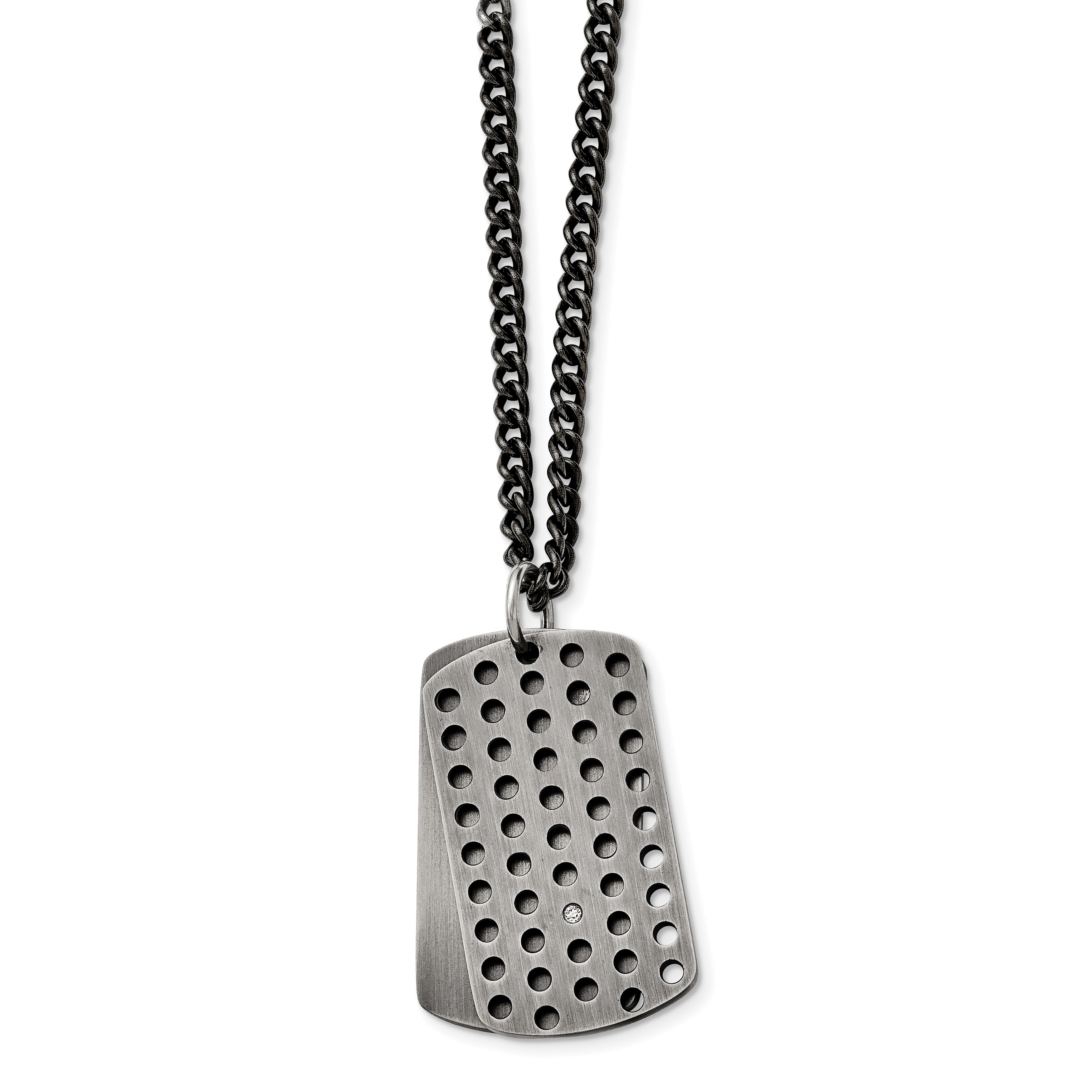 Stainless Steel Brushed/Polished Black IP Rim Black CZ Tag Necklace