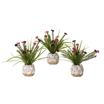 Pink and Burgundy Wild Flowers in Ceramic Planter (Set of 3) - Cream