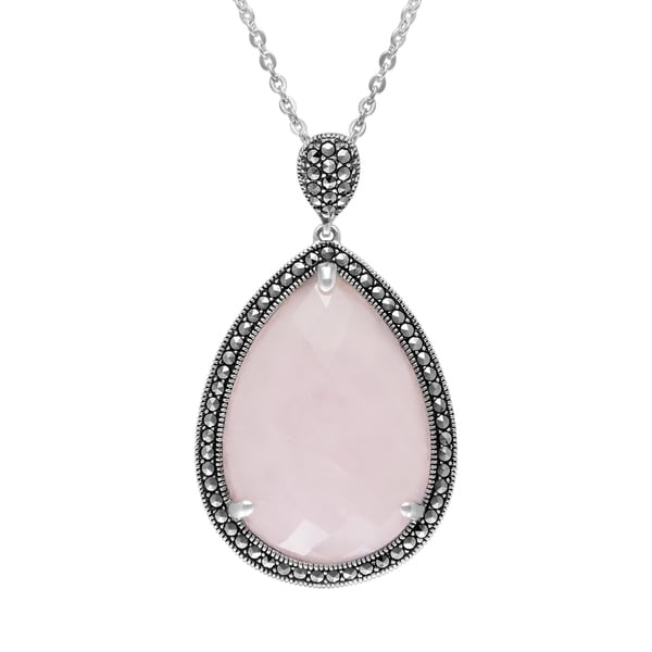MARC Sterling Silver Rose Quartz & Marcasite Teardrop Pendant 18 MARC Sterling Silver Rose Quartz & Marcasite Teardrop Pendant 18
