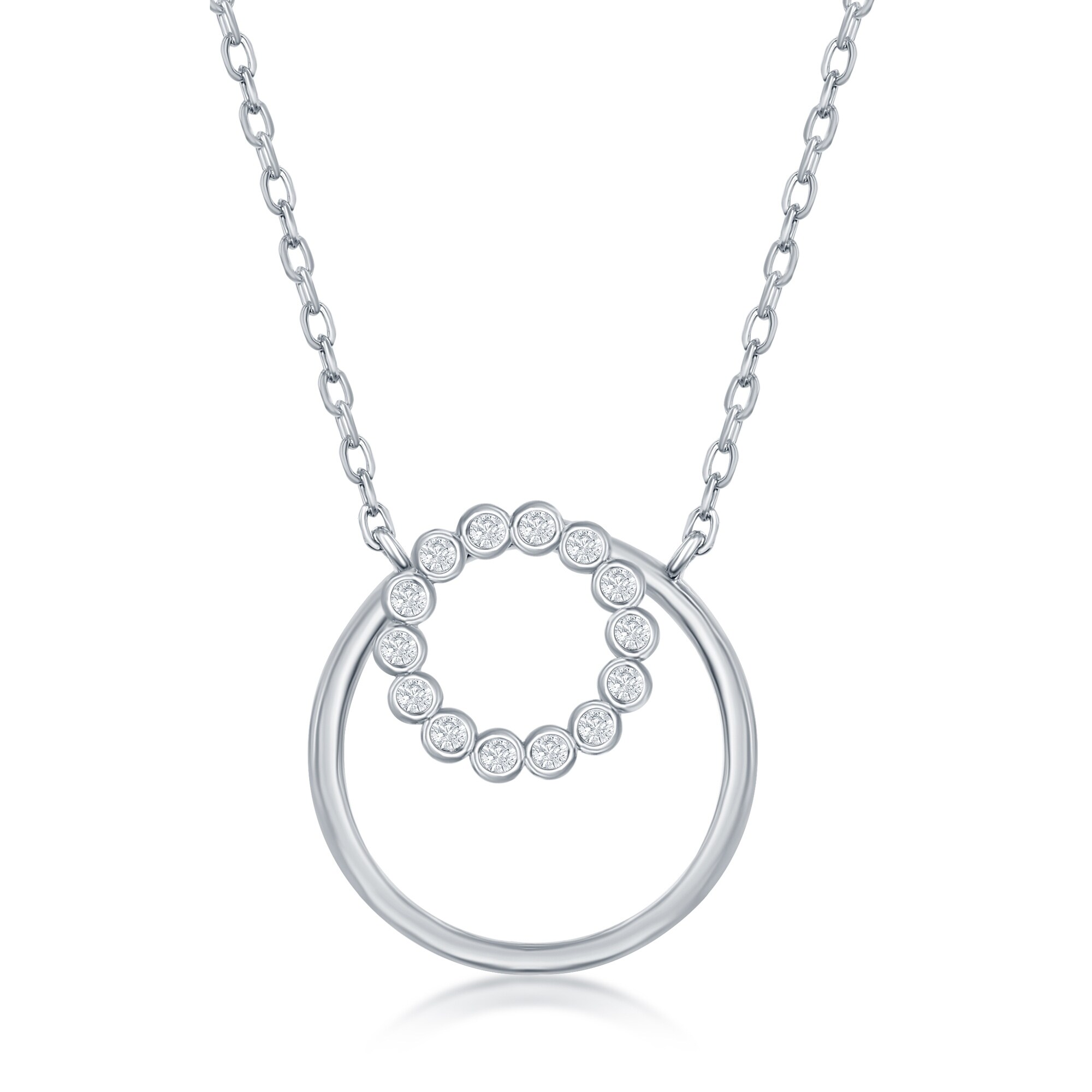 La Preciosa Sterling Silver or Rose Gold Plated Bezel-Set CZ Circle w/Plain Open Circle 16+2'' Necklace