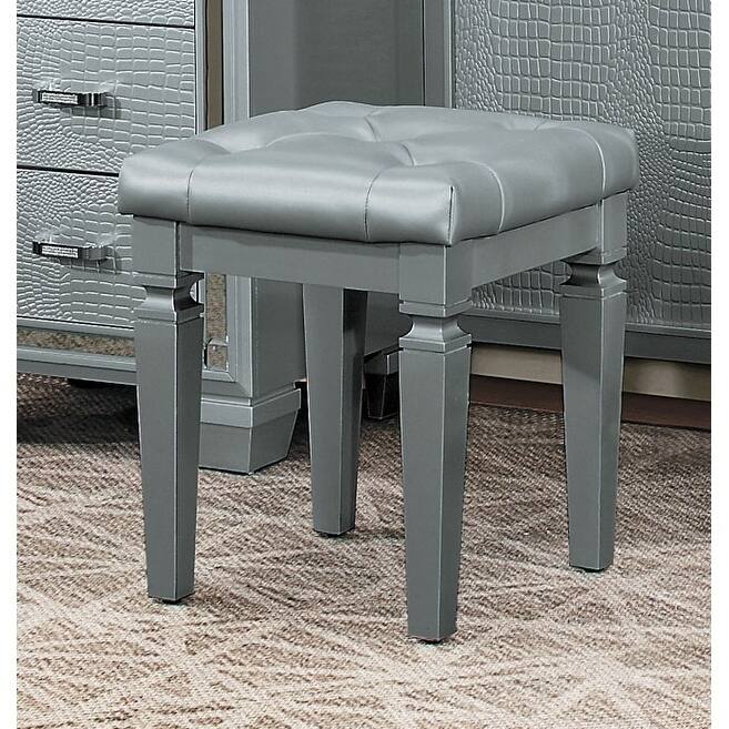 Wooden Vanity Stool With Faux Leather Tufted Seat, Gray