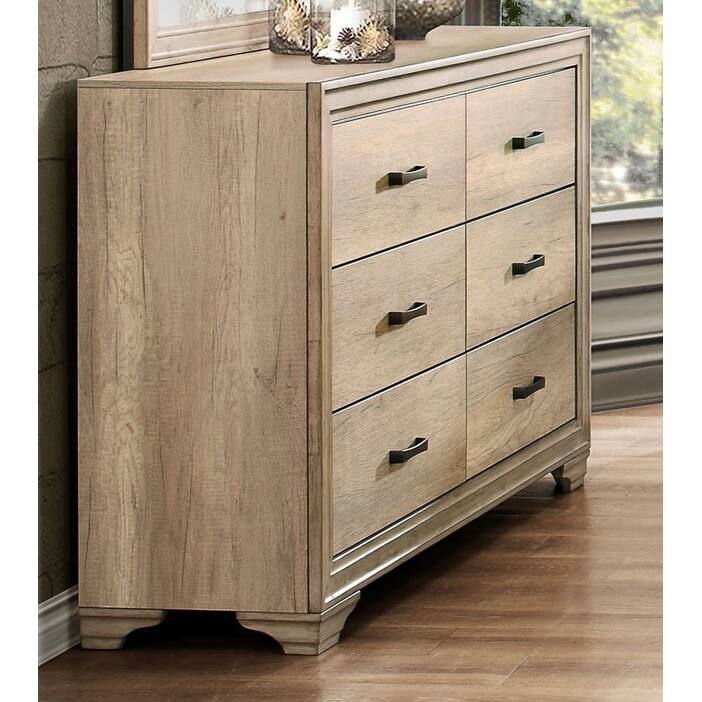 6 Drawer Wooden Dresser In Transitional Style, Natural Brown