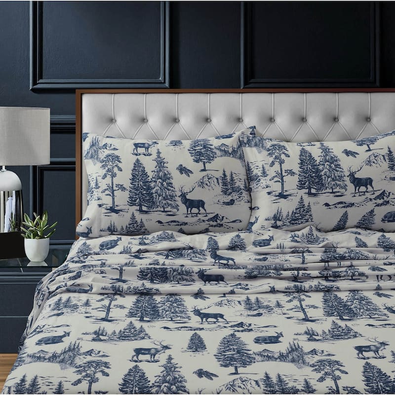 Heavyweight 200GSM Cotton Flannel Printed Extra Deep Pocket Sheet Set - Full - deer toile navy
