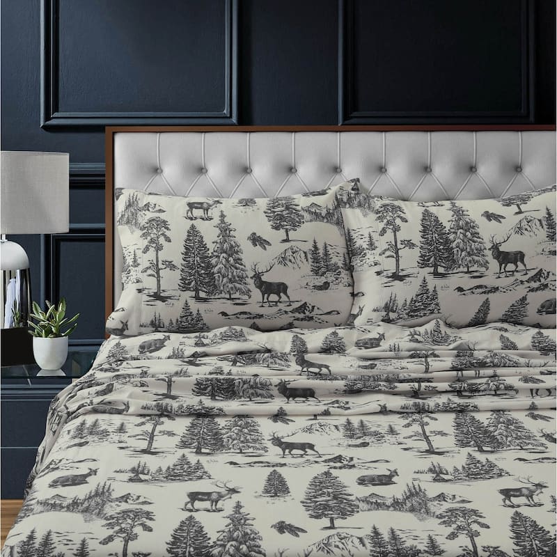 Heavyweight 200GSM Cotton Flannel Printed Extra Deep Pocket Sheet Set - Queen - deer toile charcoal