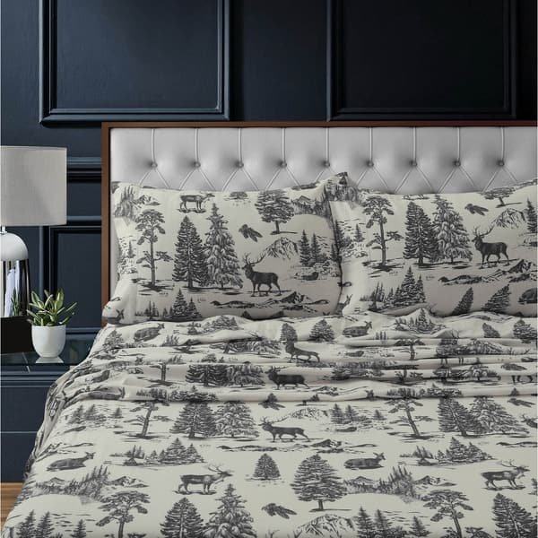 Heavyweight 200GSM Cotton Flannel Printed Extra Deep Pocket Sheet Set - King - deer toile charcoal
