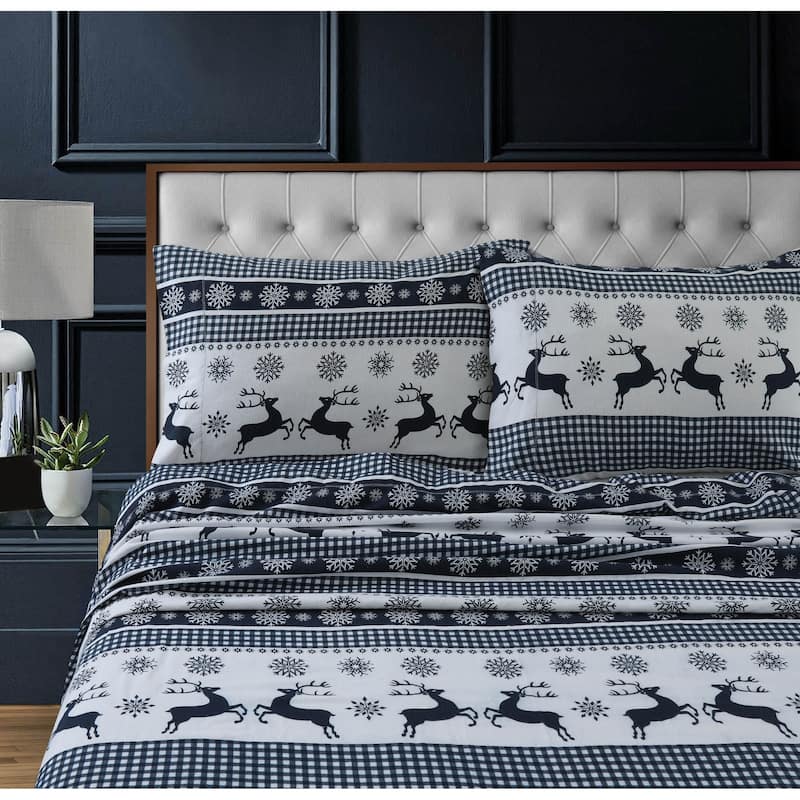 Heavyweight 200GSM Cotton Flannel Printed Extra Deep Pocket Sheet Set - King - gingham deer
