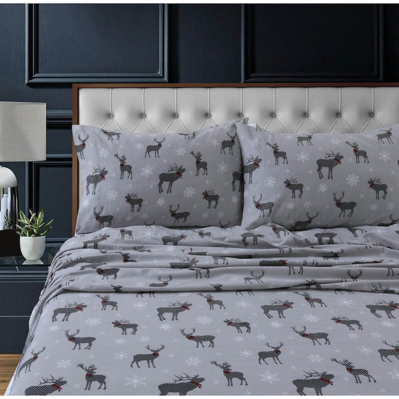 Heavyweight 200GSM Cotton Flannel Printed Extra Deep Pocket Sheet Set - Twin Xl - checkered buck