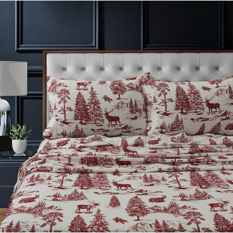 Heavyweight 200GSM Cotton Flannel Printed Extra Deep Pocket Sheet Set - Cal King - deer toile deep red