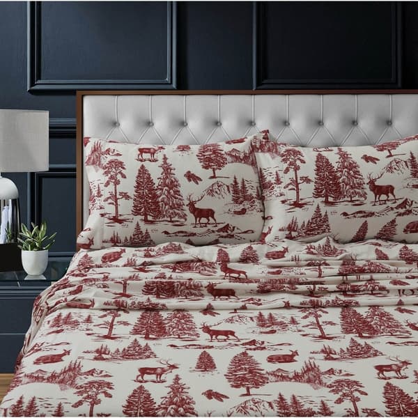 Heavyweight 200GSM Cotton Flannel Printed Extra Deep Pocket Sheet Set - King - deer toile deep red