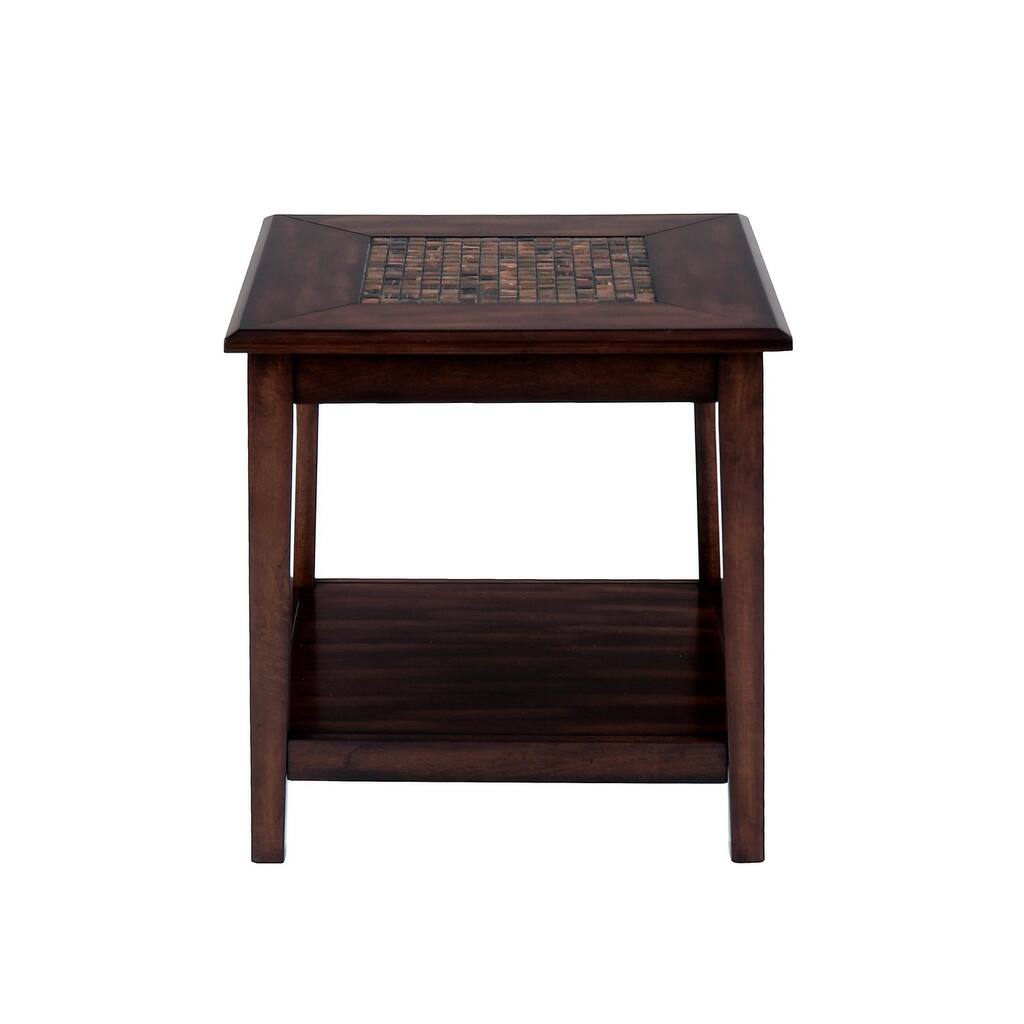Mosaic Tile Inlay Wooden End Table with Bottom Shelf, Baroque Brown