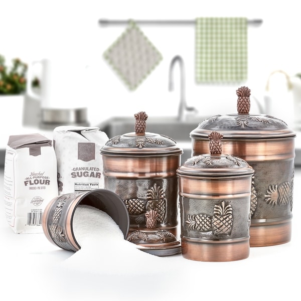 4 Piece Antique Copper "Pineapple" Canister Set, 4 Qt, 2 Qt, 1½ Qt, 1 Qt. Opens flyout.