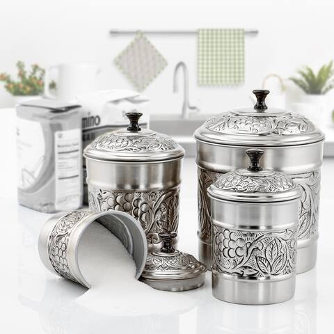 4 Piece Antique Pewter Embossed "Heritage" Canister Set