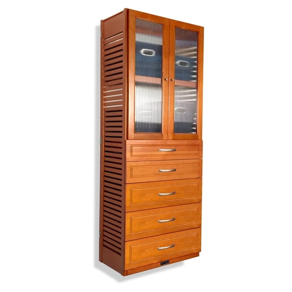 Shop John Louis Home 16in deep Solid Wood Deluxe 5 Drawer/Doors Woodcrest Storage Tower Caramel ...