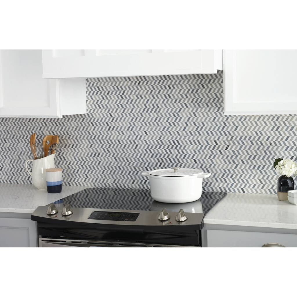Natural Stone Marble White and Grey Transitional Chevron Polished Mosaic