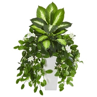 Stephanotis and Dieffenbachia Artificial Plant in White Vase - Bed Bath ...