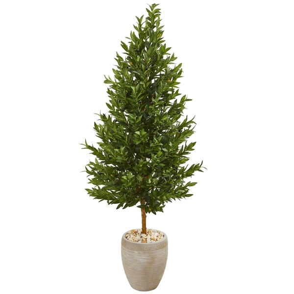 Nearly Natural Olive Cone Topiary Indoor/Outdoor UV Resistant Artificial Tree in Sand Colored Planter