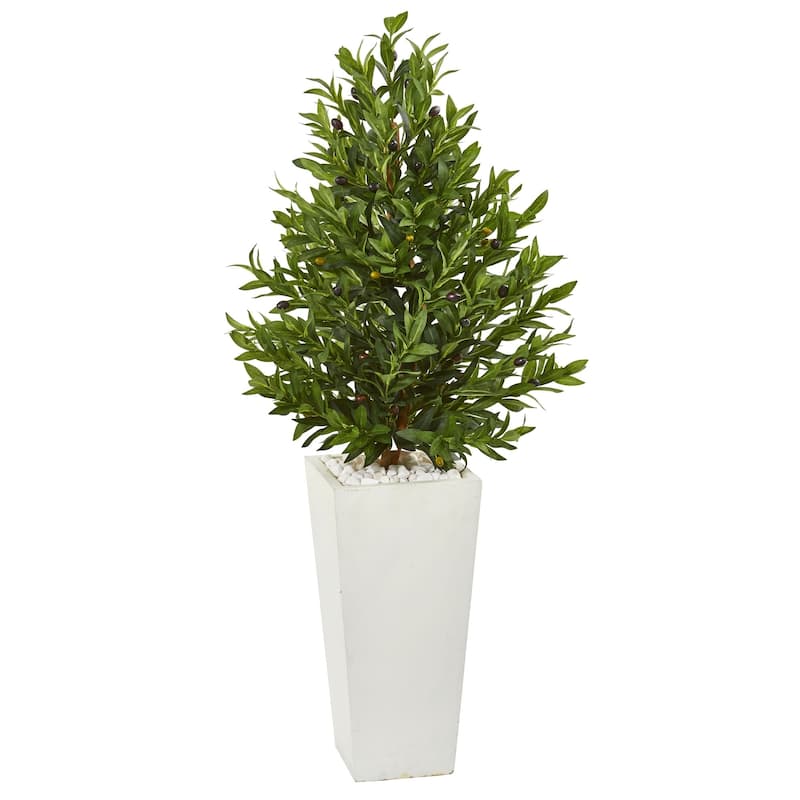 4' Olive Cone Topiary Artificial Tree in White Planter UV Resistant (Indoor/Outdoor)