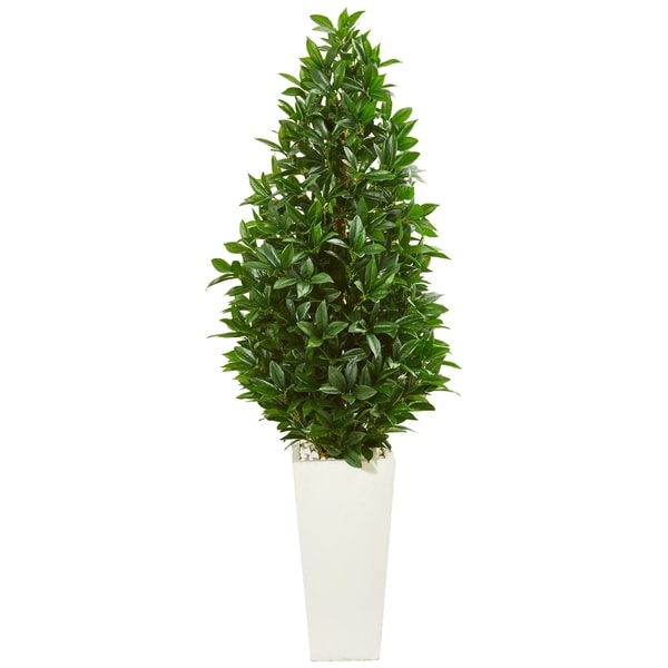 Nearly Natural Bay Leaf Cone Topiary 63-inch UV Resistant Indoor/ Outdoor Artificial Tree in White Planter