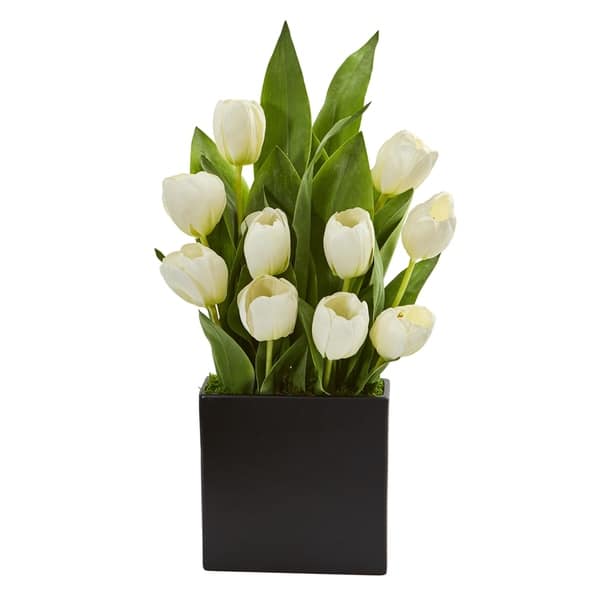 Green & White Artificial Floral Arrangement in Black Vase