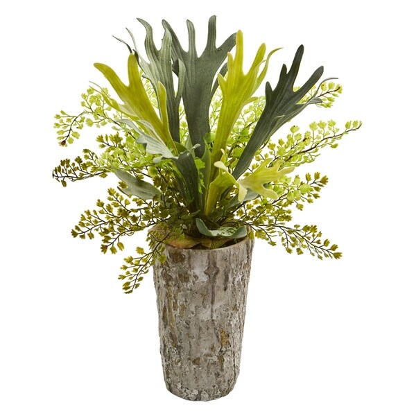 19" Staghorn and Maiden Hair Fern Artificial Plant in Weathered Vase