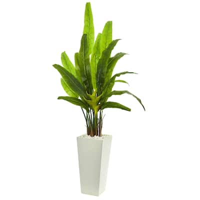 69" Travelers Palm Artificial Tree in White Tower Planter