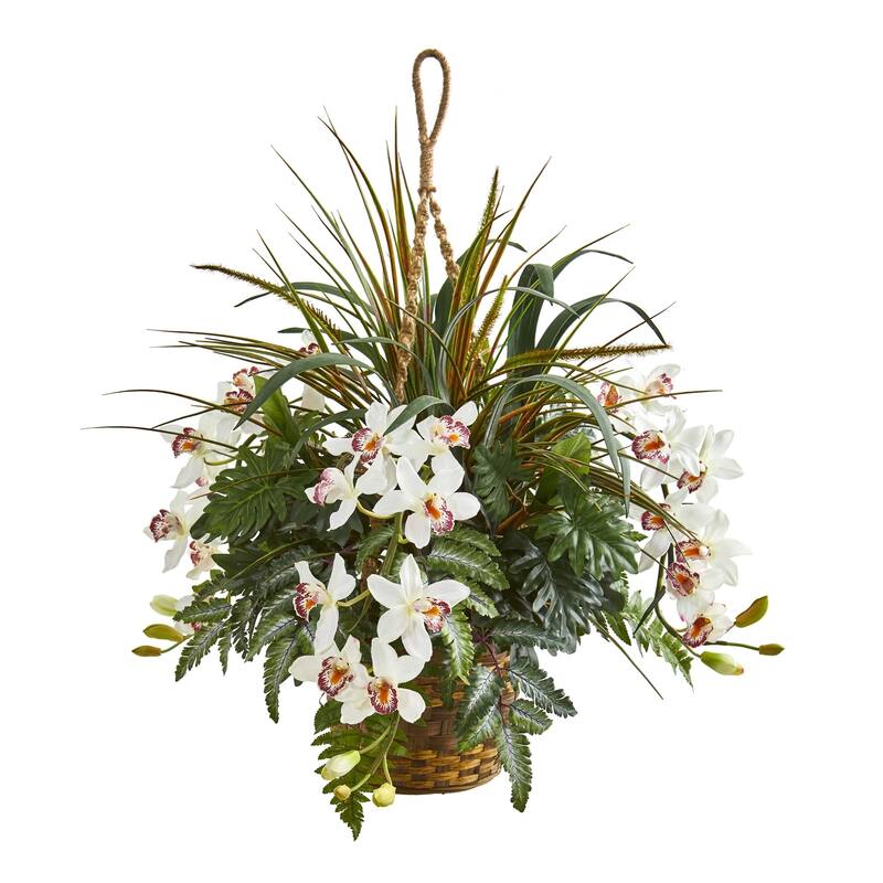 29" Cymbidium Orchid and Mixed Greens Artificial Plant Hanging Basket