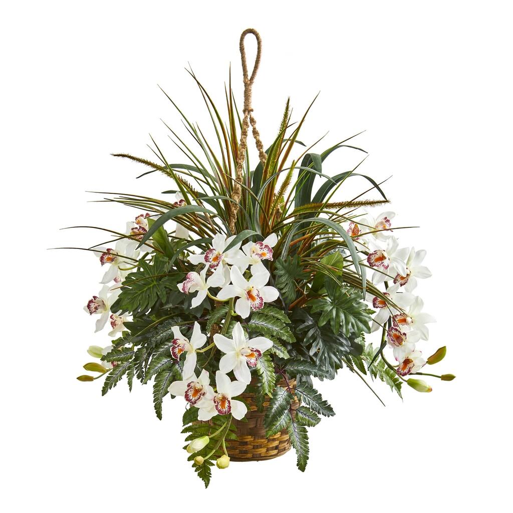 29" Cymbidium Orchid and Mixed Greens Artificial Plant Hanging Basket