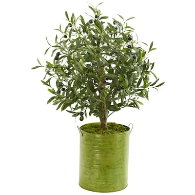 Nearly Natural Olive Artificial Tree in Green Metal Planter