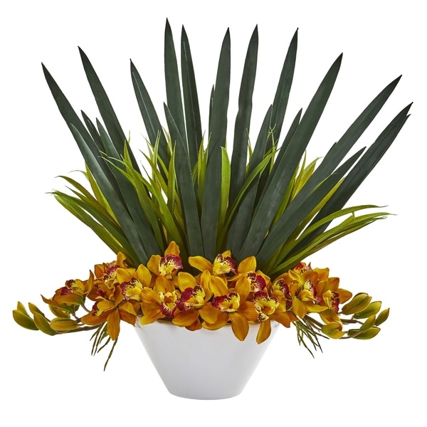 Nearly Natural Cymbidium Orchid Artificial Arrangement in White Bowl
