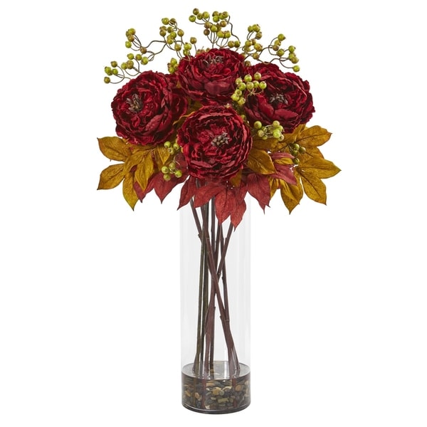 Nearly Natural Peony and Berries 36-inch Artificial Arrangement in Large Cylinder Vase