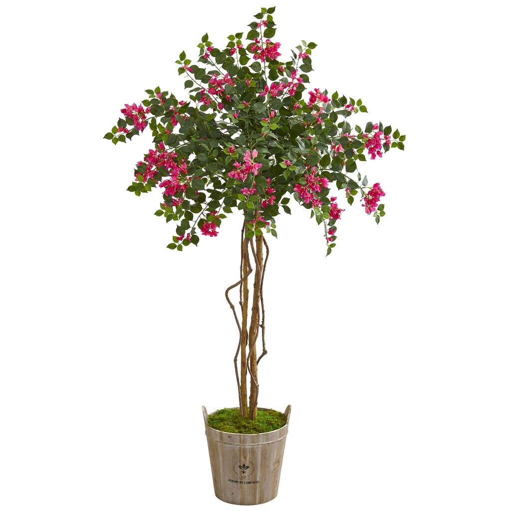 Nearly Natural Bougainvillea Pink/Green/Brown 6-foot Artificial Tree in Farmhouse Planter