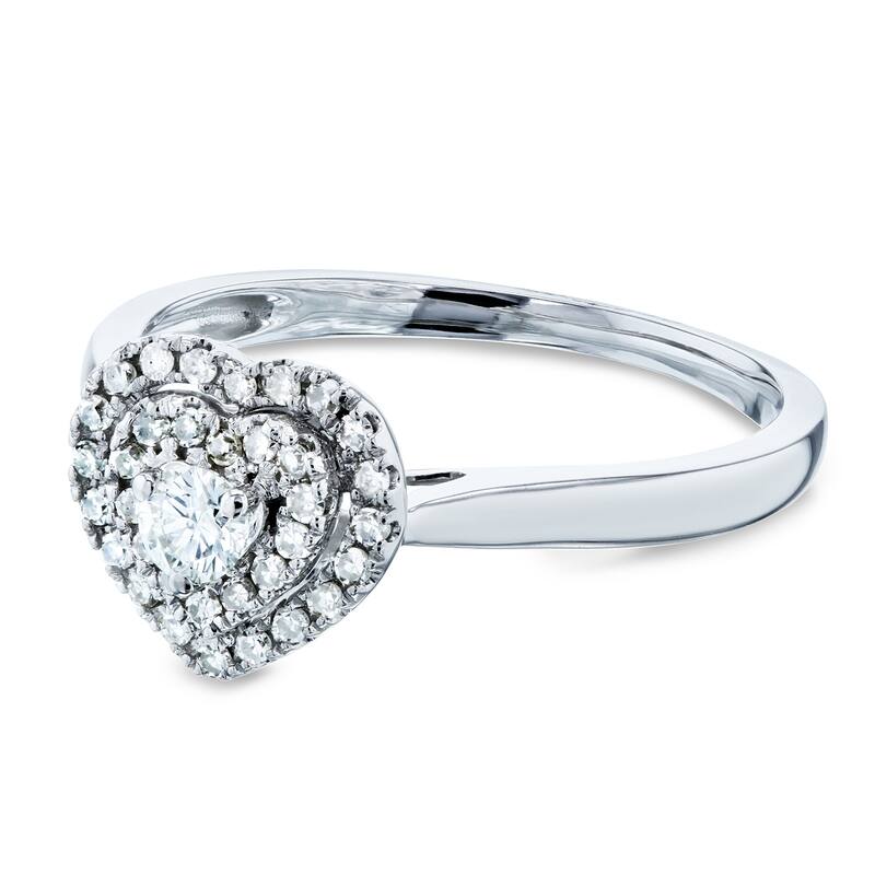 Annello by Kobelli 14k White Gold 1/5 Carat TDW Heart Cluster Double Halo Taper Shank Diamond Ring