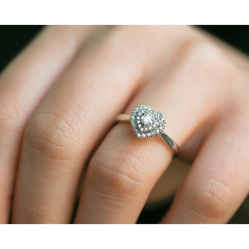 Annello by Kobelli 14k White Gold 1/5 Carat TDW Heart Cluster Double Halo Taper Shank Diamond Ring