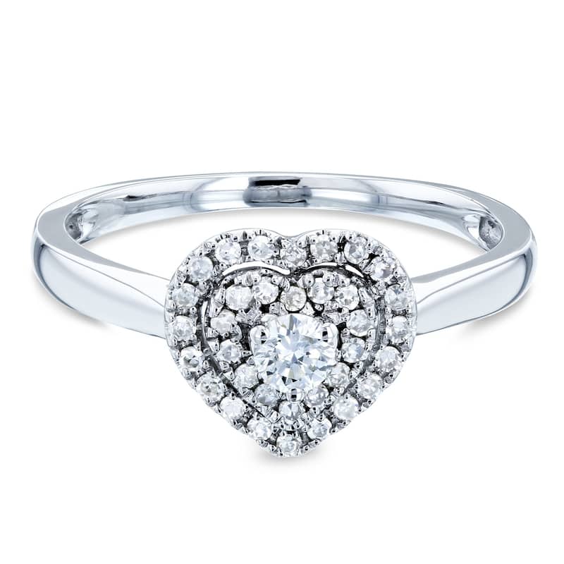 Annello by Kobelli 14k White Gold 1/5 Carat TDW Heart Cluster Double Halo Taper Shank Diamond Ring