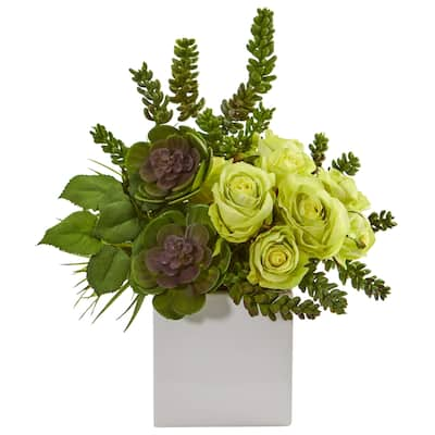 14" Rose & Succulent Artificial Arrangement in White Vase