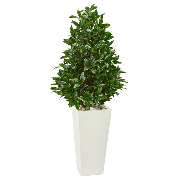 Nearly Natural Green Bay Leaf with White Tower Planter UV-resistant Indoor/Outdoor Artificial Cone Topiary