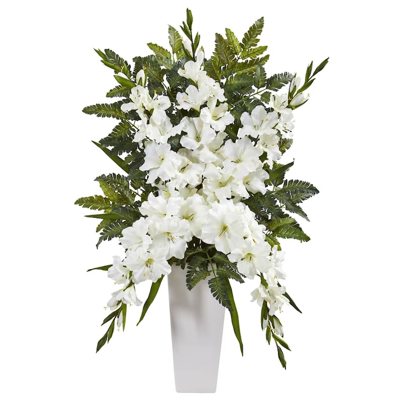 Gladiolas & Fern Artificial Arrangement in White Vase - On Sale - Bed ...