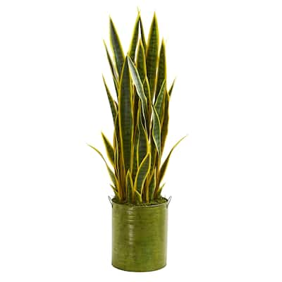 3' Sansevieria Artificial Plant in Green Metal Planter