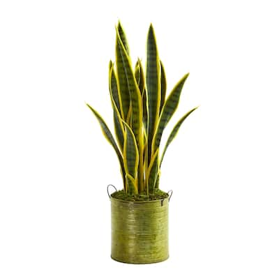 2' Sansevieria Artificial Plant in Metal Green Planter