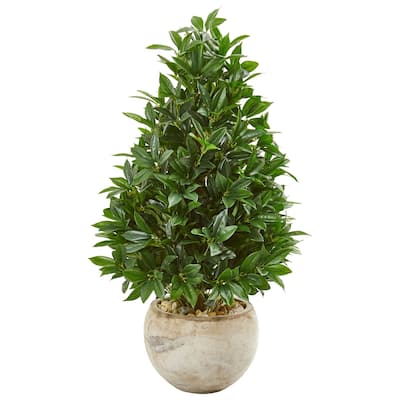 38" Bay Leaf Cone Topiary Artificial Tree in Bowl Planter UV Resistant (Indoor/Outdoor)