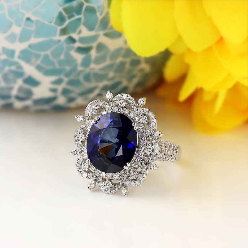 Auriya 18k Gold 7ct Blue Sapphire and 1ctw Halo Diamond Engagement Ring