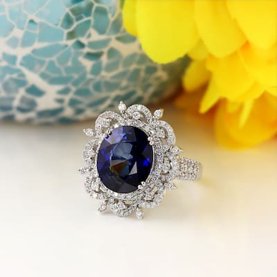 Auriya 18k Gold 7ct Blue Sapphire and 1ctw Halo Diamond Engagement Ring