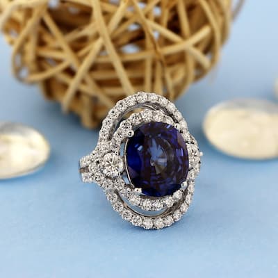 Auriya Unique 10ct Royal Blue Sapphire 3ctw Halo Diamond Engagement Ring 18k Gold