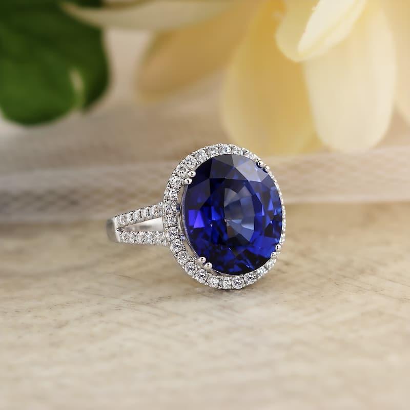 Auriya 18k Gold 12 3/8ct Blue Sapphire and 5/8ctw Halo Diamond Engagement Ring