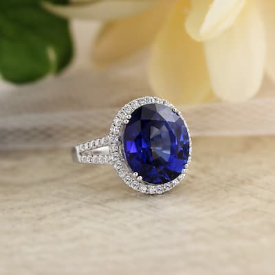 Auriya 18k Gold 12 3/8ct Blue Sapphire and 5/8ctw Halo Diamond Engagement Ring