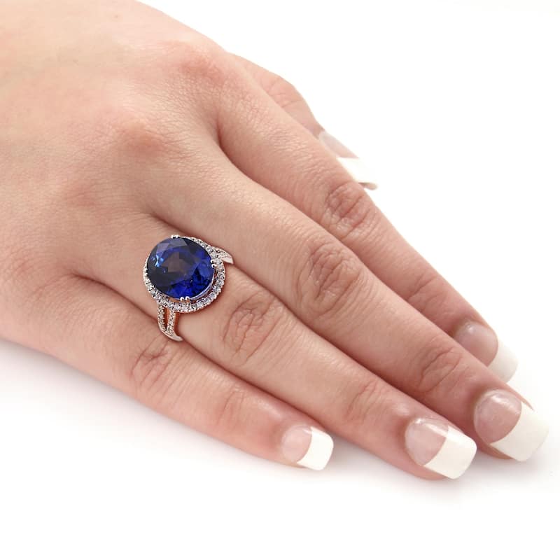 Auriya 18k Gold 12 3/8ct Blue Sapphire and 5/8ctw Halo Diamond Engagement Ring