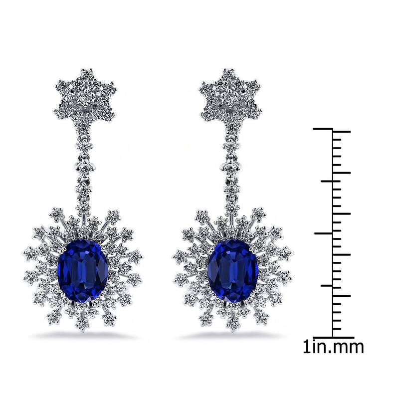Auriya Fancy 5 3/4ct Royal Blue Sapphire Oval and 1 7/8ctw Dangling Halo Diamond Earrings 18K Gold